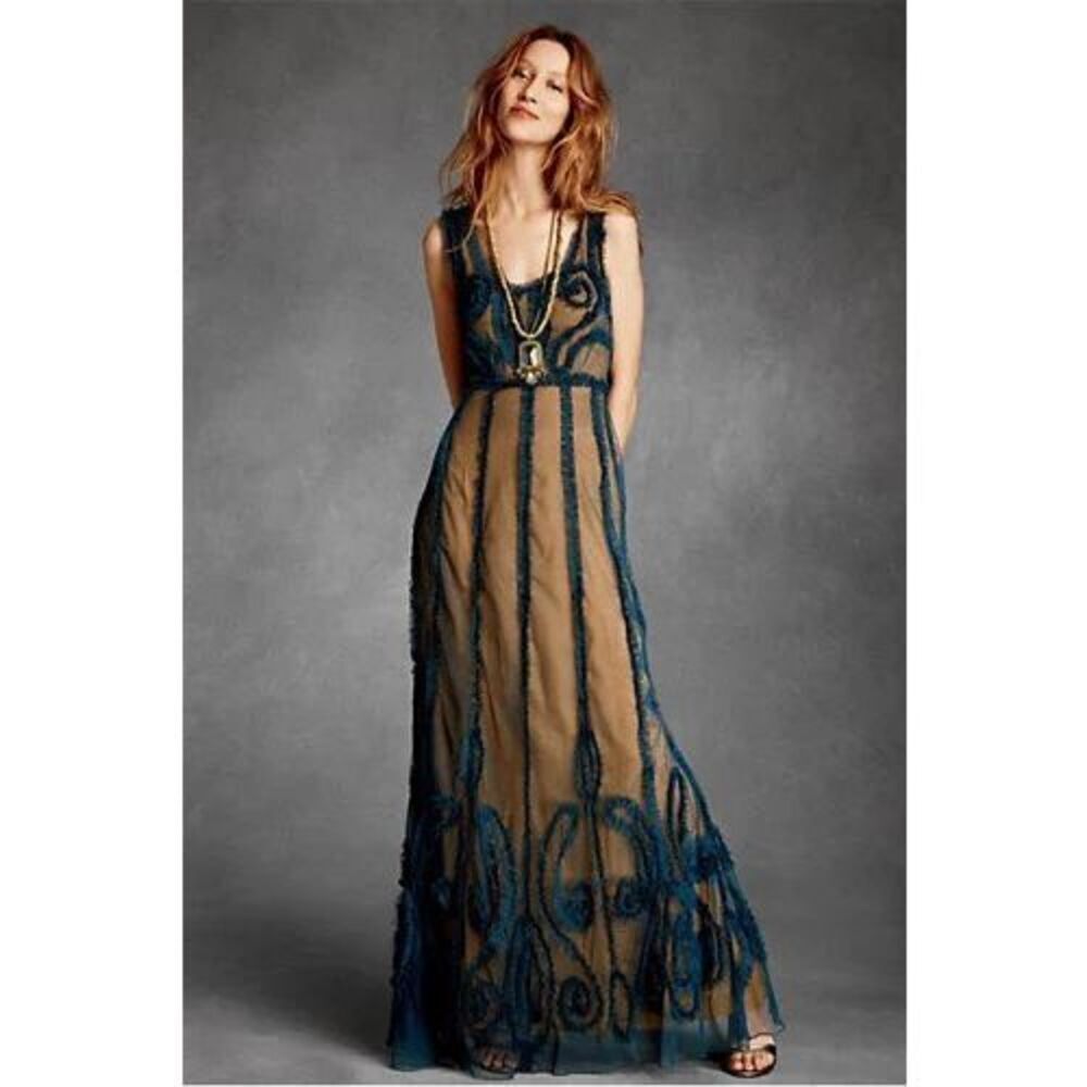 James Coviello Indigo Mist Blue/Saffron Sheer Ruffled Maxi Dress Sz 2 Romantic